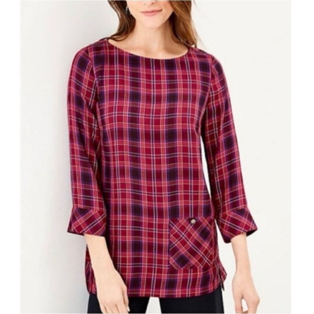 J. Jill Women’s Burgundy Plum Plaid 3/4 Sleeve Rayon Tunic Top Size L